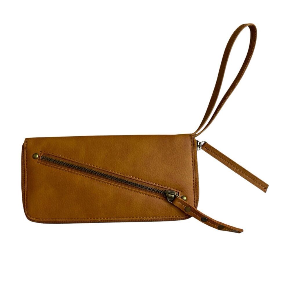 FP Free People Faux Leather Wallet Brown Brass Zip Around Boho Cards Vegan EUC